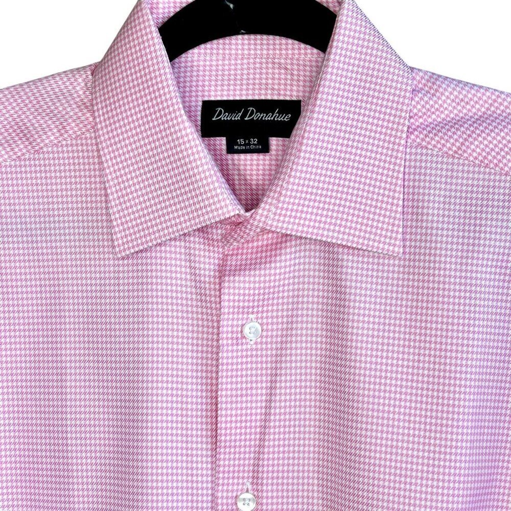 David Donahue Pink Mini Check Dress Shirt Spread Collar Size 15/32 French Cuffs
